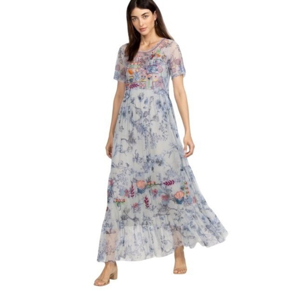 Biya Johnny Was Embroidered Mesh Floral Maxi Dress Blue White Large - Picture 15 of 16
